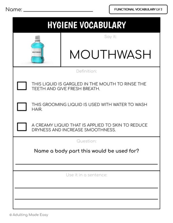 Hygiene Functional Vocabulary LEVEL 2 Worksheets