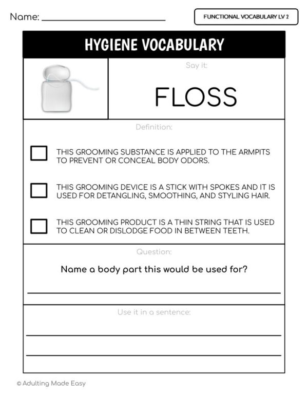 Hygiene Functional Vocabulary LEVEL 2 Worksheets
