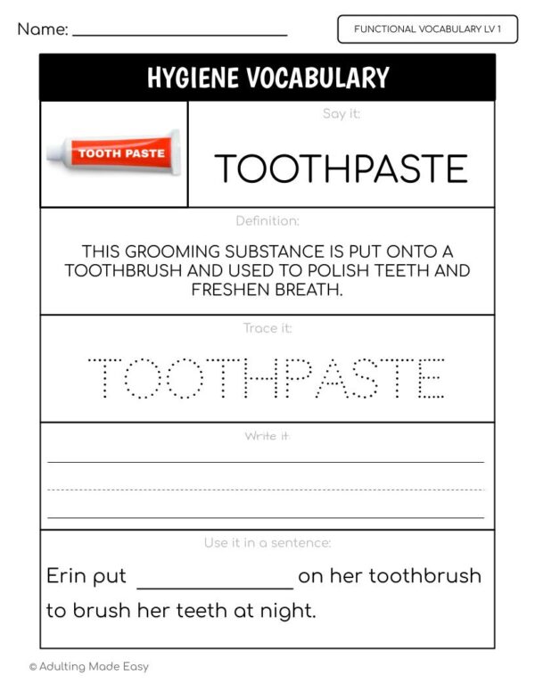 Hygiene Functional Vocabulary LEVEL 1 Worksheets