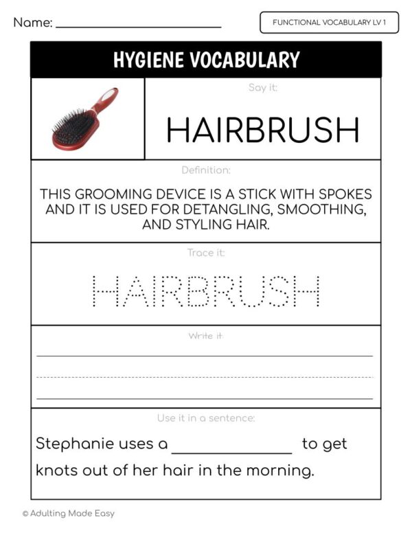 Hygiene Functional Vocabulary LEVEL 1 Worksheets