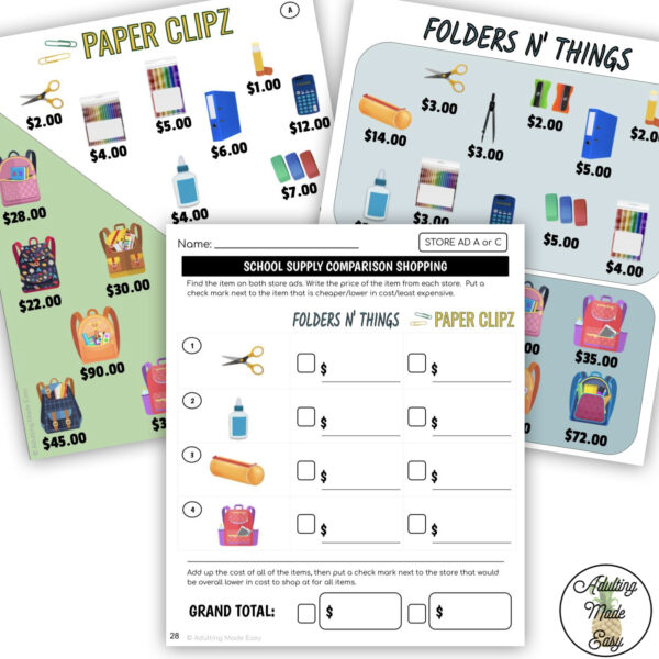 School Supplies Store Ad Math Comparison Shopping Worksheets