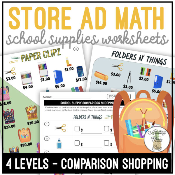 School Supplies Store Ad Math Comparison Shopping Worksheets