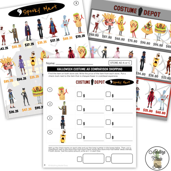 Halloween Costume Store Ad Math Comparison Shopping Worksheets