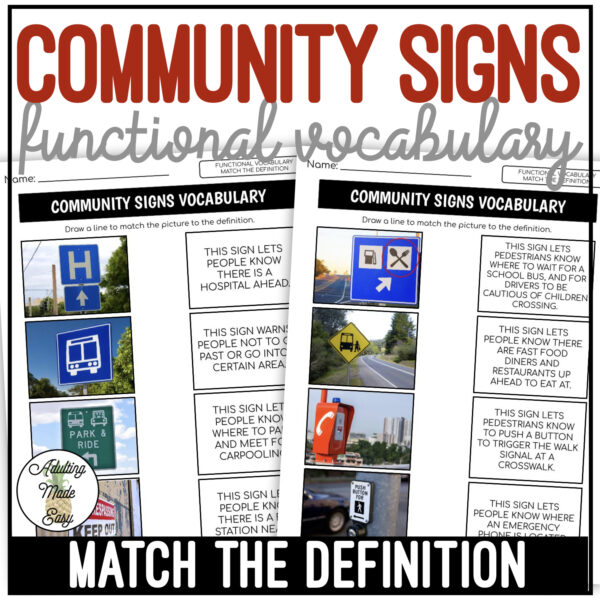 Community Signs Functional Vocabulary DEFINITIONS Worksheets