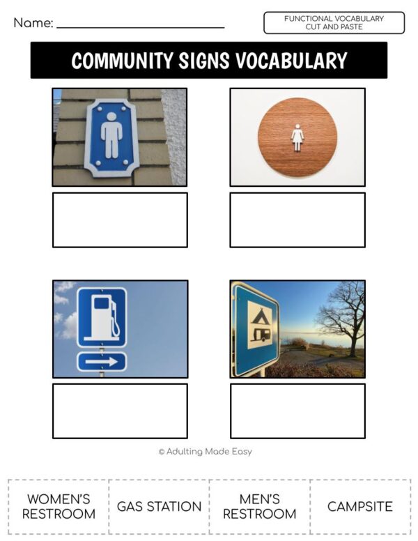 Community Signs Functional Vocabulary CUT AND PASTE Worksheets