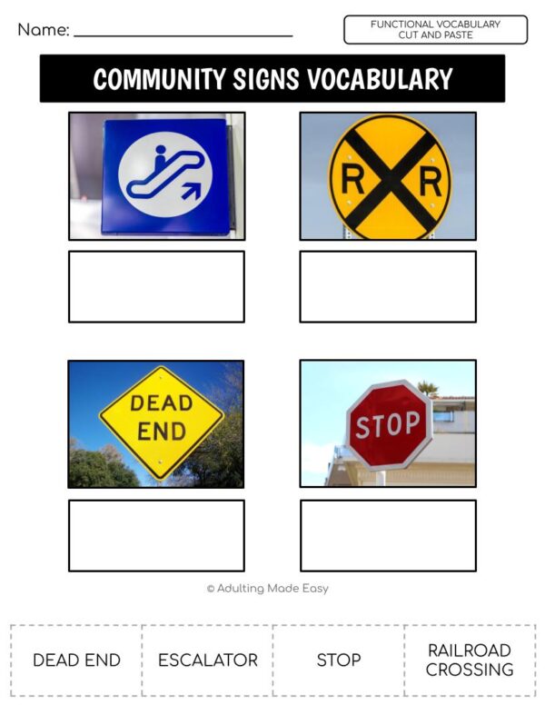 Community Signs Functional Vocabulary CUT AND PASTE Worksheets - Image 3
