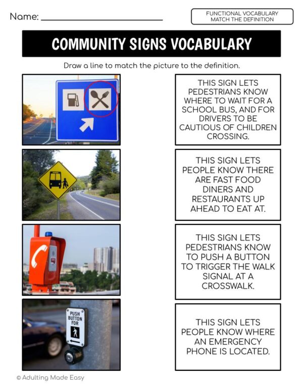 Community Signs Functional Vocabulary DEFINITIONS Worksheets