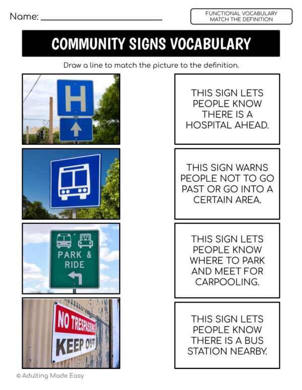 Community Signs Functional Vocabulary DEFINITIONS Worksheets