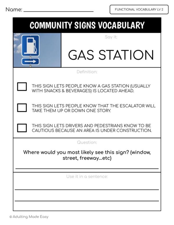 Community Signs Functional Vocabulary LEVEL 2 Worksheets