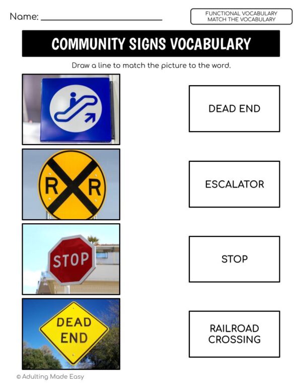 Community Signs Functional Vocabulary MATCH THE WORD Worksheets