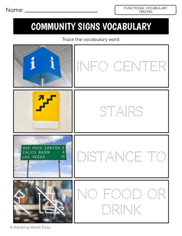 Community Signs Functional Vocabulary TRACING Worksheets