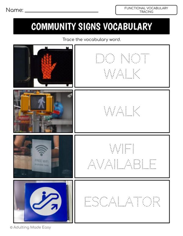 Community Signs Functional Vocabulary TRACING Worksheets