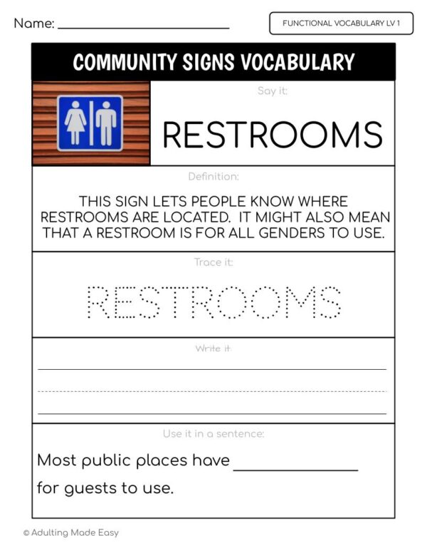 Community Signs Functional Vocabulary LEVEL 1 Worksheets