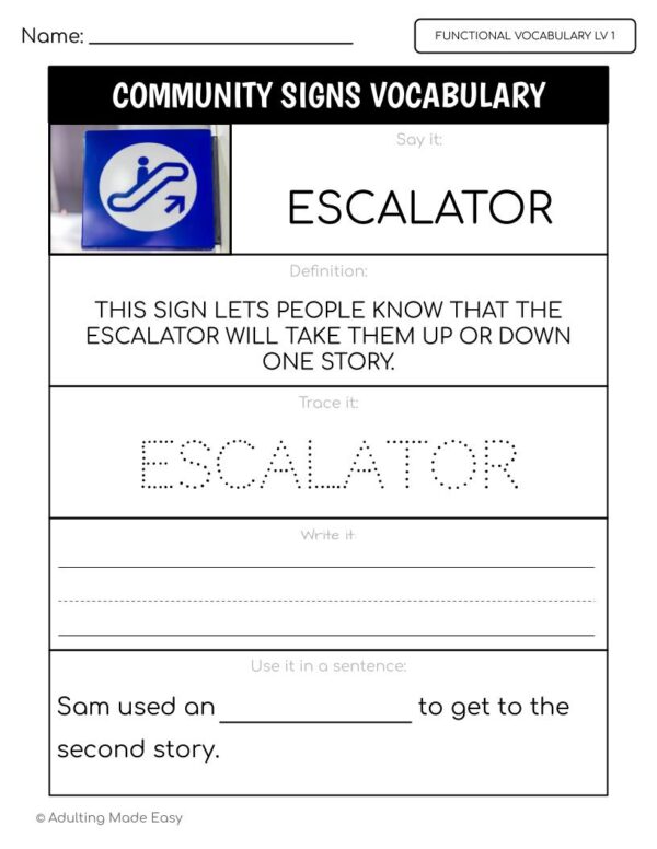 Community Signs Functional Vocabulary LEVEL 1 Worksheets