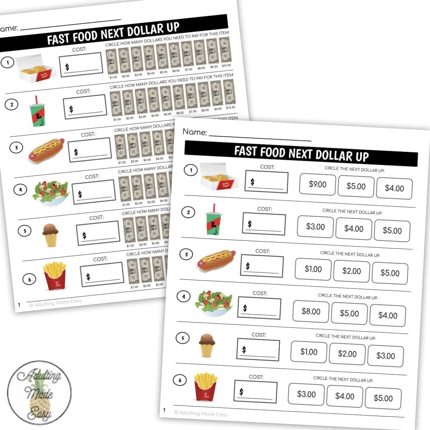 Fast Food Restaurant Menu Next Dollar Up Worksheets