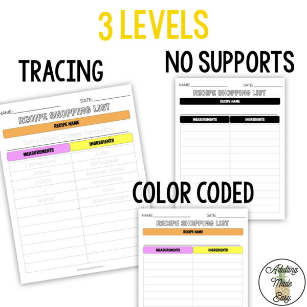 Recipe Shopping List Writing Activity