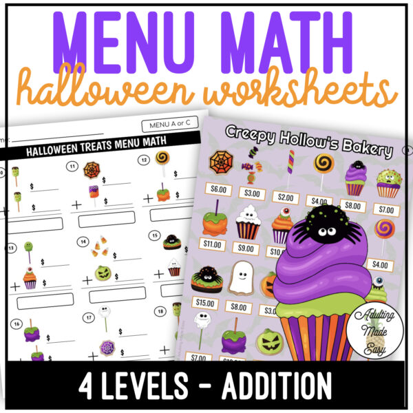 Halloween Bakery Menu Math Addition Worksheets