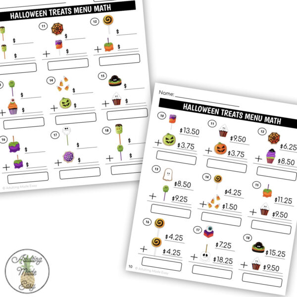 Halloween Bakery Menu Math Addition Worksheets