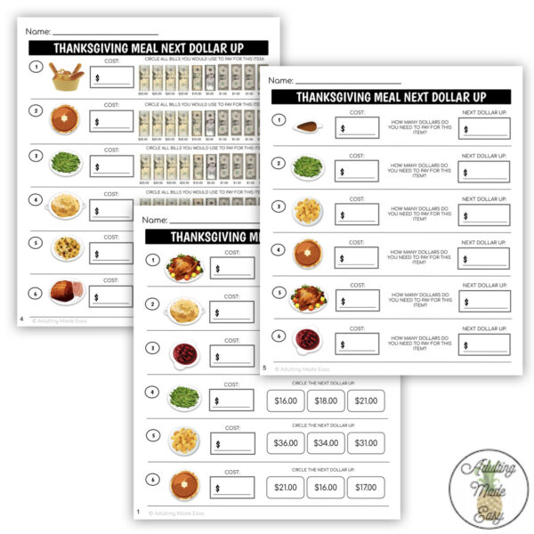 Thanksgiving Menu Next Dollar Up Worksheets