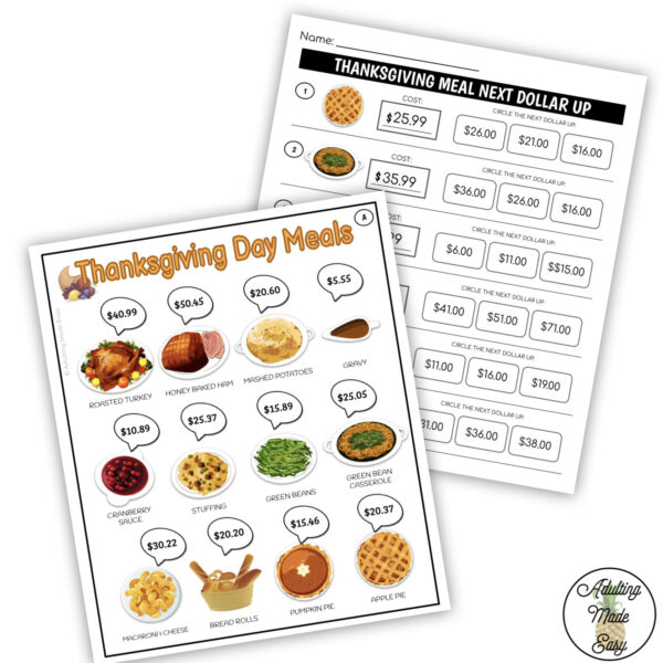 Thanksgiving Menu Next Dollar Up Worksheets