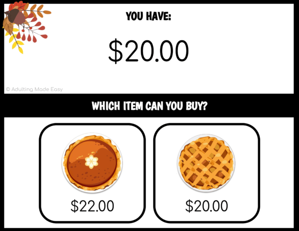 Thanksgiving Which Item Can I Buy? Task Cards