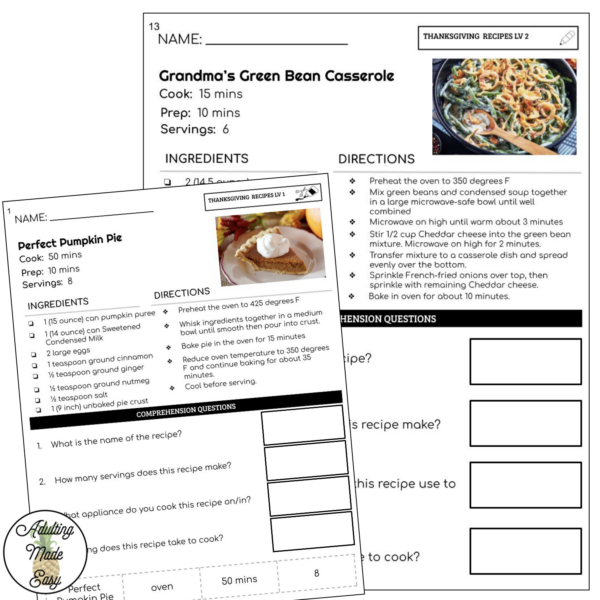 Reading Thanksgiving Recipes Worksheets - Image 4