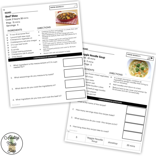 Reading Winter Recipes Worksheets
