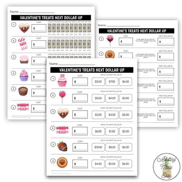 Valentine's Treat Menu Next Dollar Up Worksheets