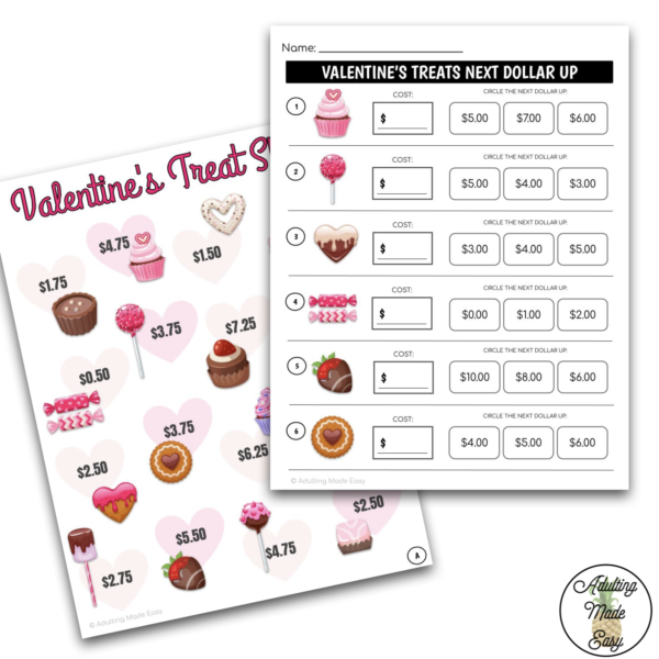 Valentine's Treat Menu Next Dollar Up Worksheets