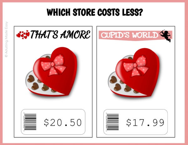 Valentine's Gift Comparison Shopping Task Cards