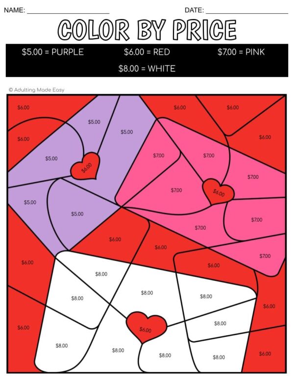 Valentine's Day Color By Price Worksheets