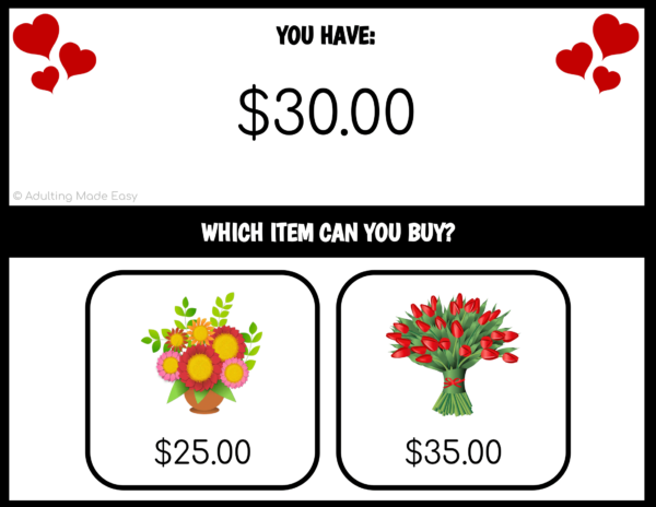Valentine's Gift Which Item Can I Buy? Task Cards