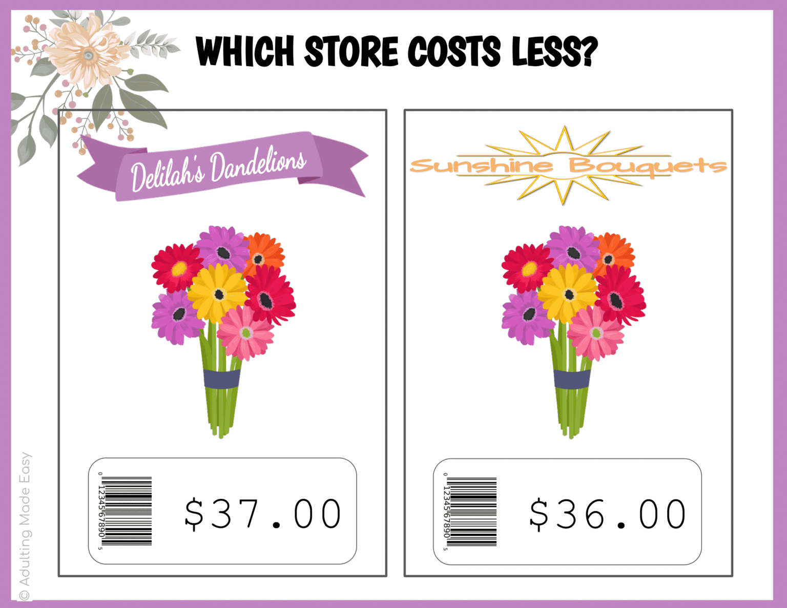 Flower Bouquet Comparison Shopping Task Cards