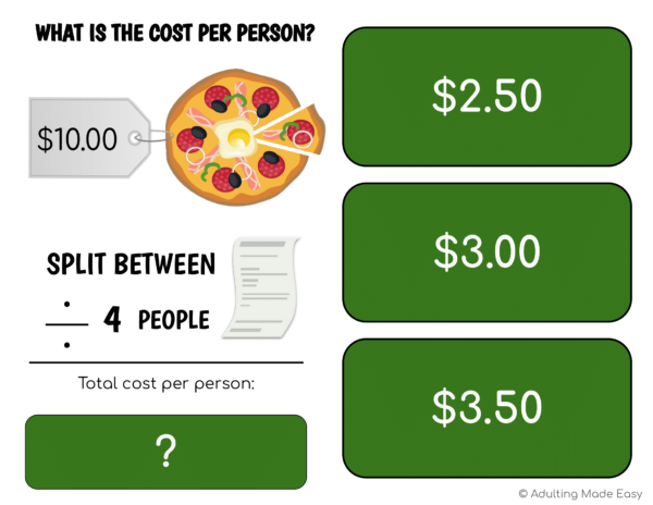 Splitting Costs Division Pizzeria Task Cards