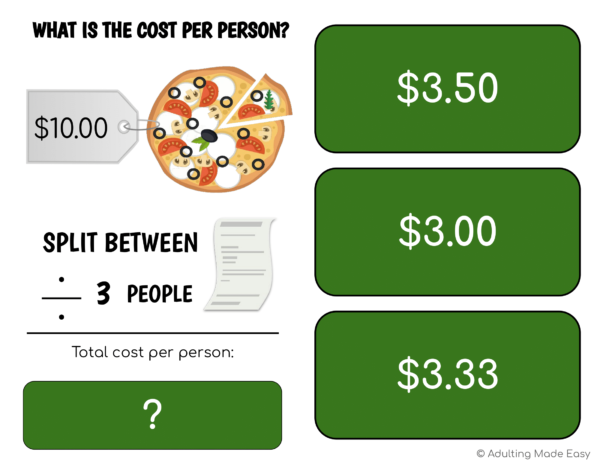 Splitting Costs Division Pizzeria Task Cards