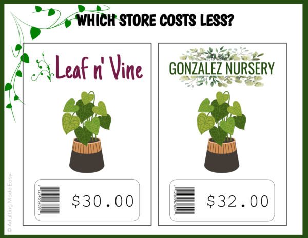 Plant Store Comparison Shopping Task Cards