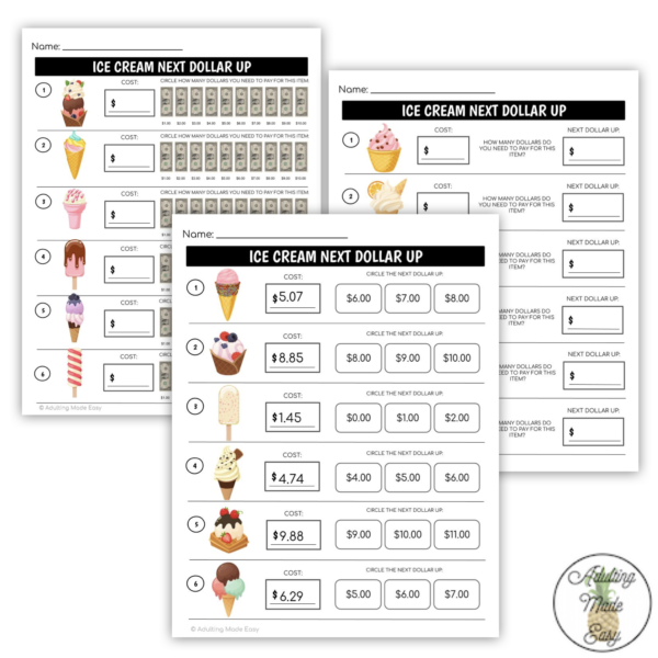 Ice Cream Shop Next Dollar Up Worksheets