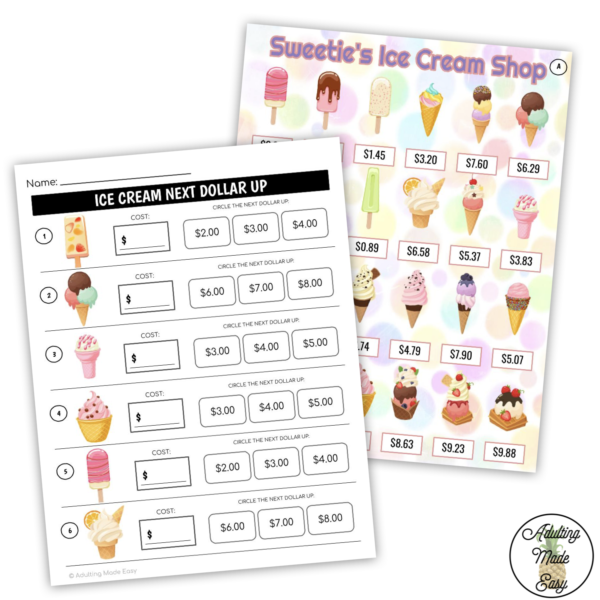 Ice Cream Shop Next Dollar Up Worksheets