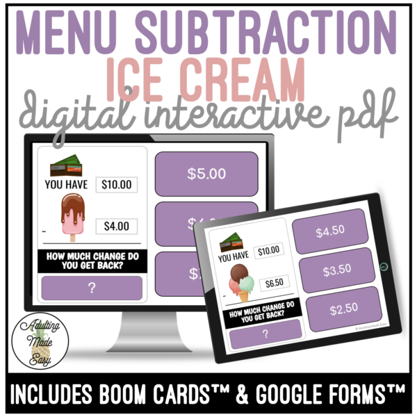 Ice Cream Shop - Menu Subtraction Digital Interactive Activity