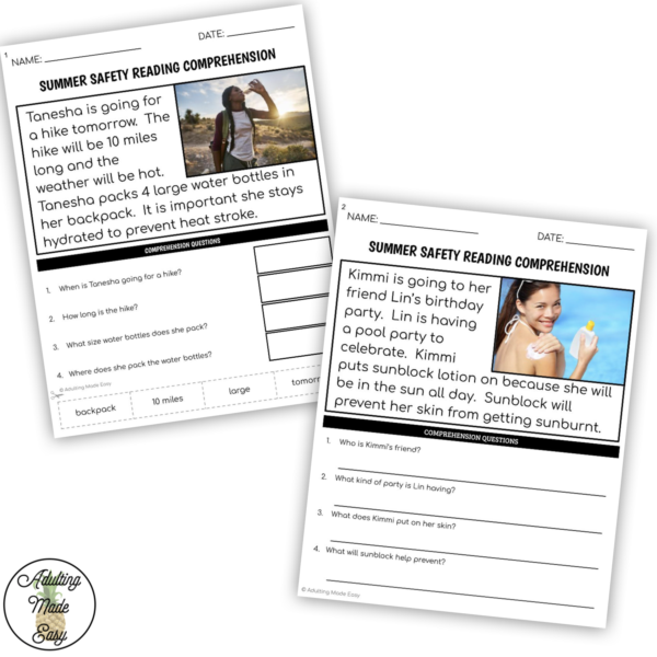 Summer Safety Simplified Reading Comprehension Worksheets