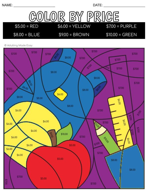 Back To School Color By Price Worksheets