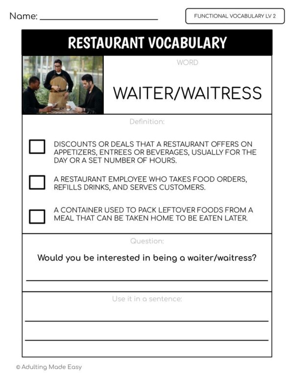 Restaurant Functional Vocabulary LEVEL 2 Worksheets