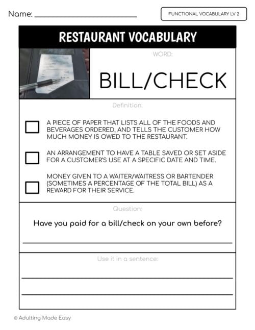 Restaurant Functional Vocabulary LEVEL 2 Worksheets