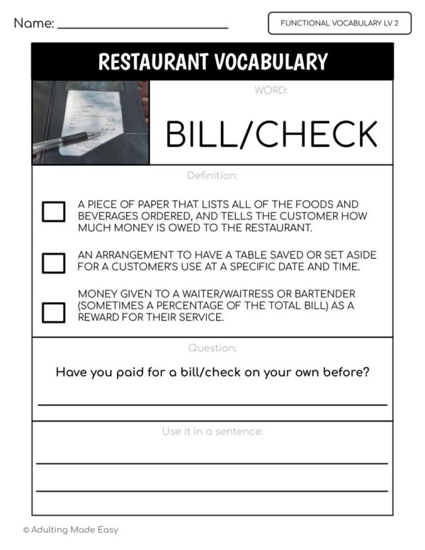 Restaurant Functional Vocabulary LEVEL 2 Worksheets