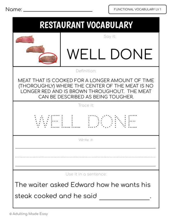 Restaurant Functional Vocabulary LEVEL 1 Worksheets