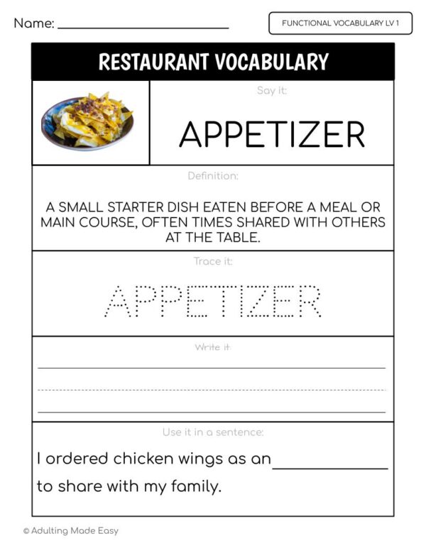 Restaurant Functional Vocabulary LEVEL 1 Worksheets