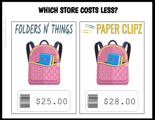 School Supplies Comparison Shopping Task Cards