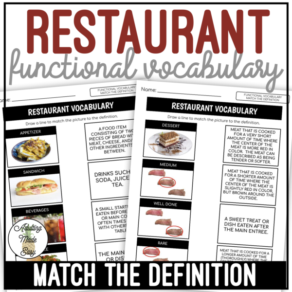 Restaurant Functional Vocabulary DEFINITIONS Worksheets