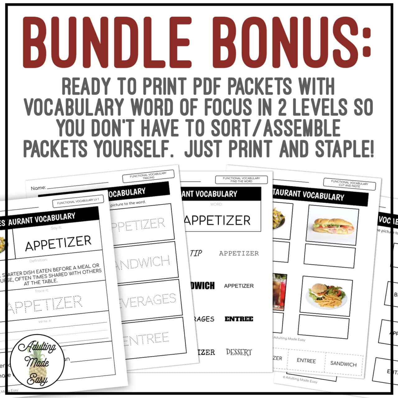 Restaurant Functional Vocabulary BUNDLE - Adulting Made Easy LLC