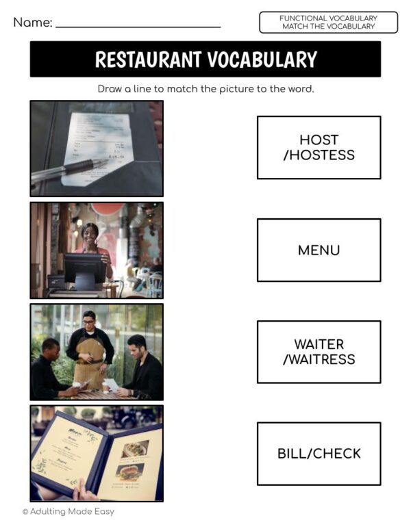 Restaurant Functional Vocabulary MATCH THE WORD Worksheets